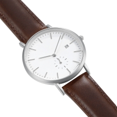 Reloj de pulsera de metal de cuarzo redondo con esfera de cuero marrón