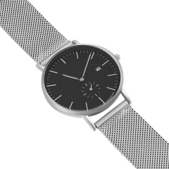 OEM Diseño Negro Dial plata malla correa hombres reloj de pulsera